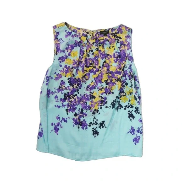 Talbots Blouse Women's Size 6P Aqua Blue Floral 100% Silk Pleated Top Petite - Picture 2 of 7